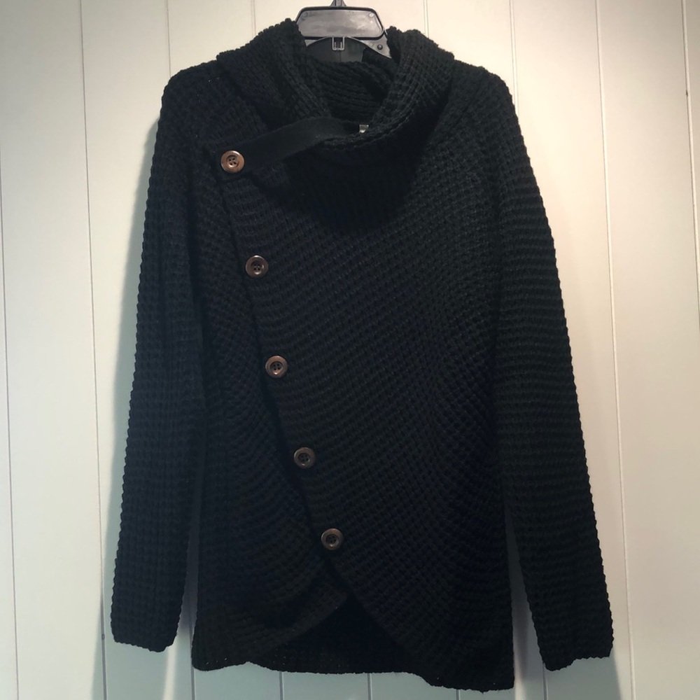 Plmolken black chunky knit asymmetrical wrap collared sweater soft stretchy M/L